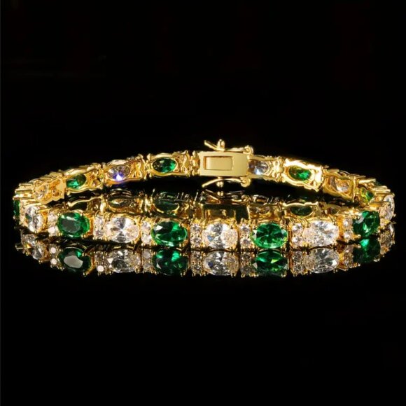 14K Gold Womens 2ct Green Emerald Oval Gemstone Diamond Tennis Bracelet 7" inch - Picture 5 of 9
